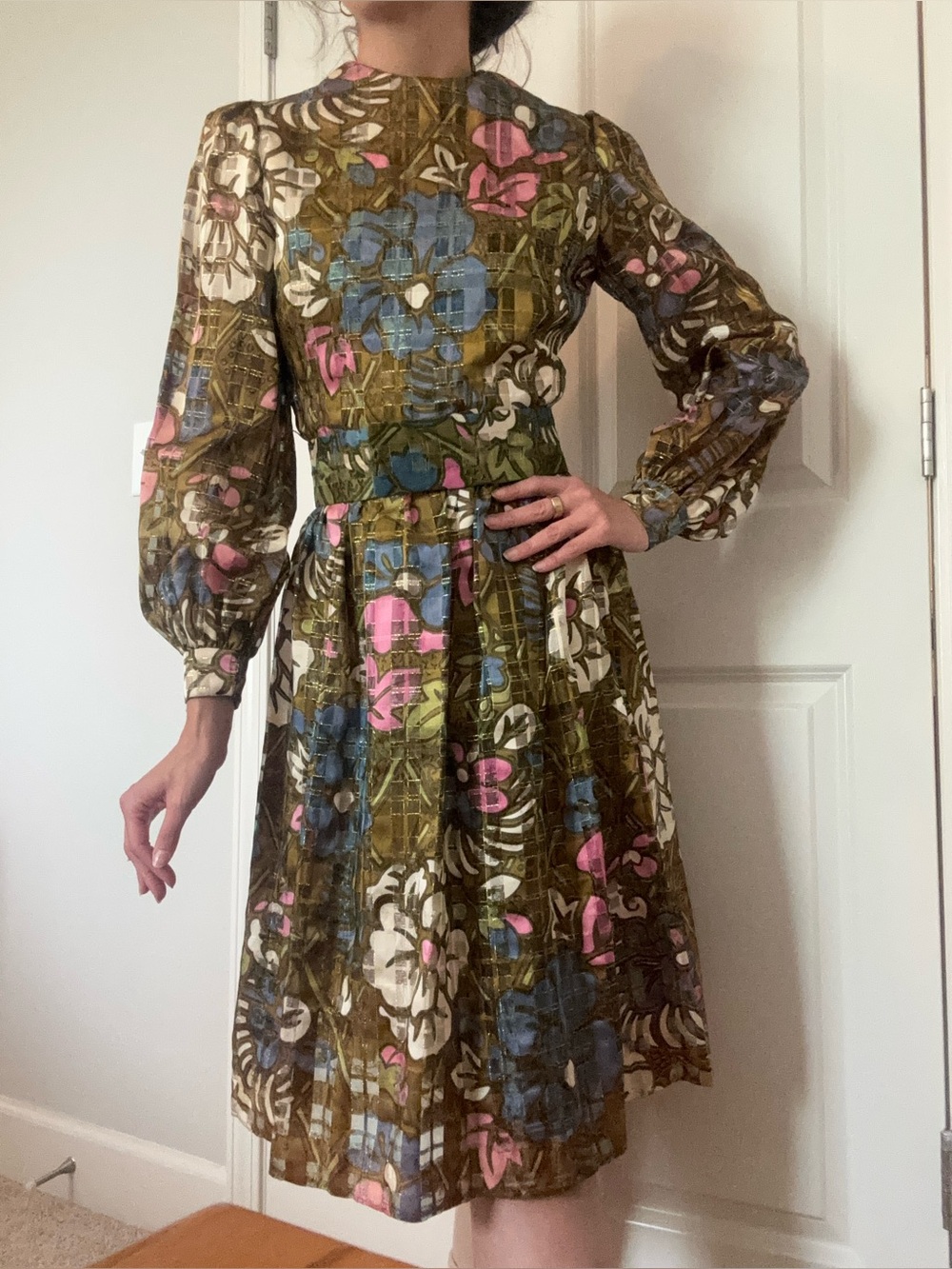 Vintage 60s Neiman Marcus Gold Lurex Silk Chiffon Floral Pleated Midi Dress